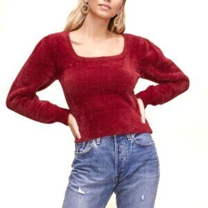 ASTR The Label Fuzzy Cropped Sweater Square Neckline M Wine Maroon Puff Shoulder